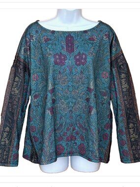 Women's Large Loose Fit Knit Pullover Top Floral Shiny Long Sleeve Lightweight